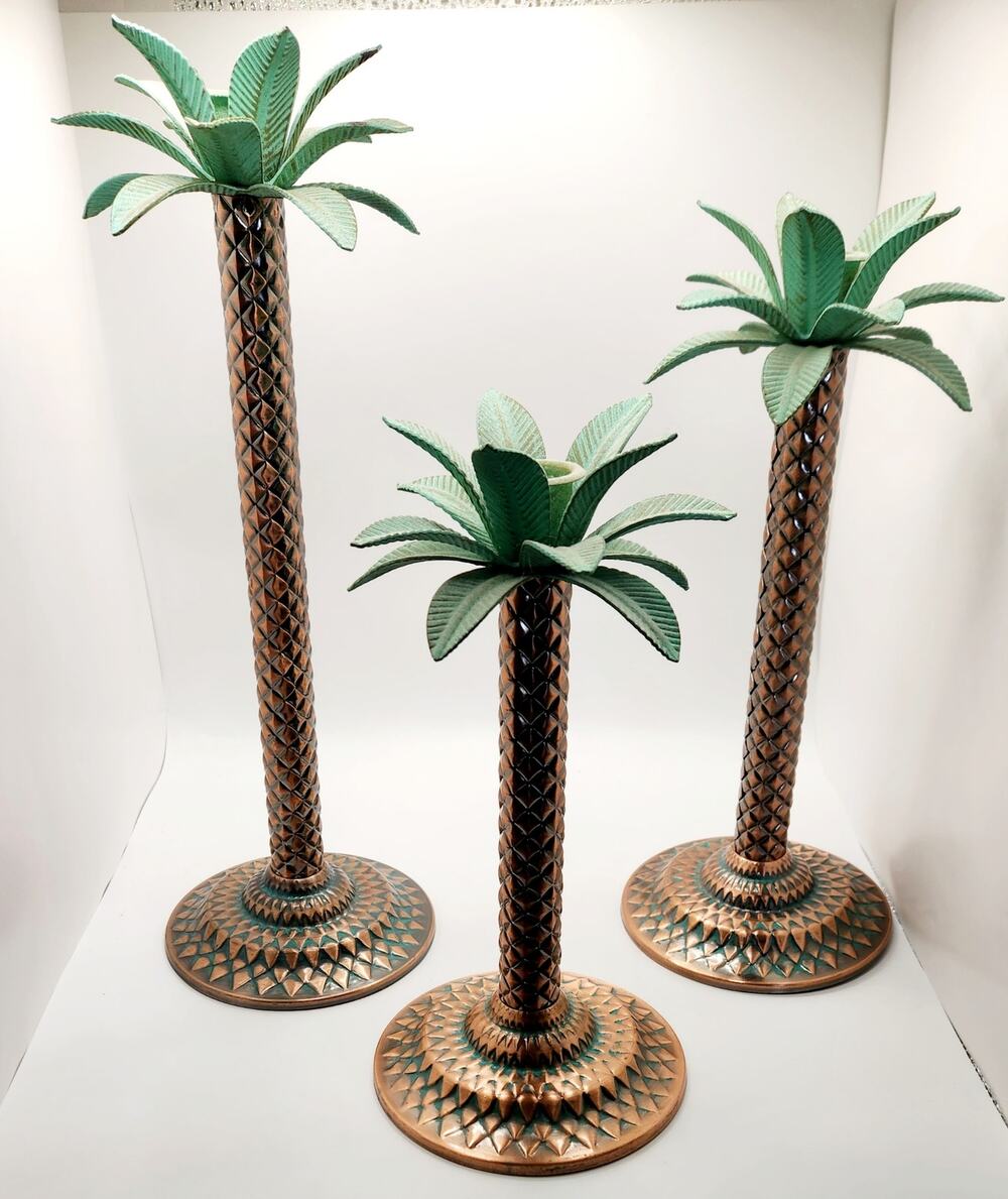 Two's Company Set of 3 Palm Tree Taper Candle Holders Verdigris Tropical Decor